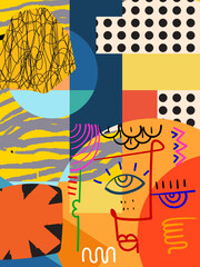 Colorful abstract grunge, rough hand drawn  geometric and shapes line art vector illustration background. Brushes, stroke pattern art work desif for mural, textile, fabric design.