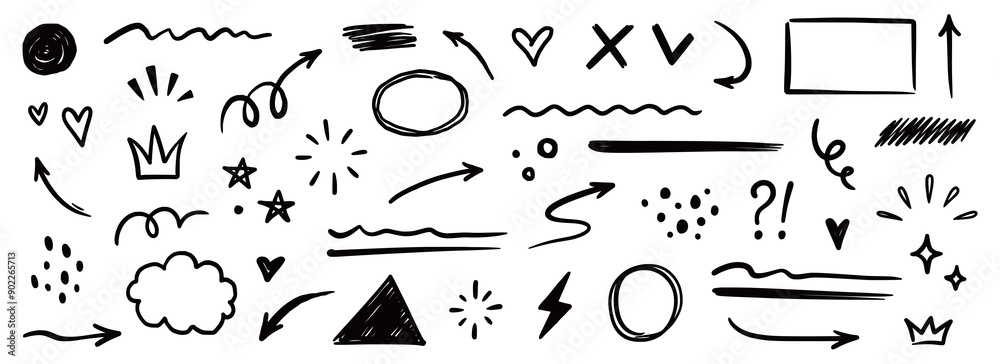 Poster line shape marker underline, arrow, heart brush element set. hand drawn sketch marker underline shap