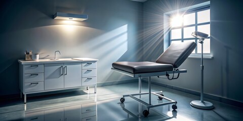 Empty examination room with a vacant stool and examination table, spotlight shining down, awaiting a patient, with medical equipment and a clipboard in the background.