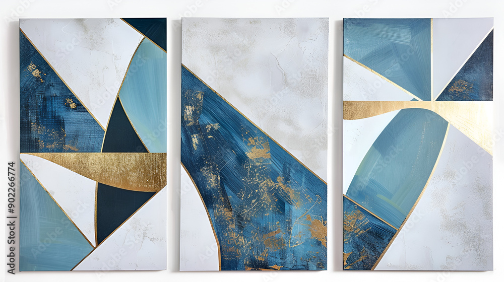 Sticker a set of three abstract painting geometric wall art panels with blue and gold shapes