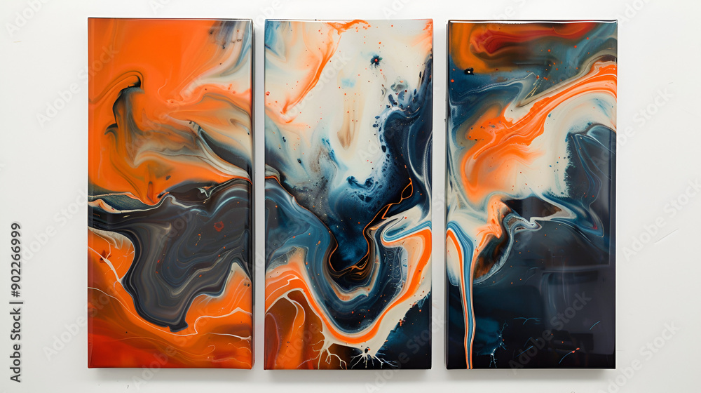 Poster a set of three abstract wall art panels with cosmic fluid design in orange and blue