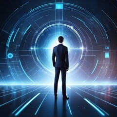 Businessman standing in front of a futuristic interface with holographic data. Technology and business concept