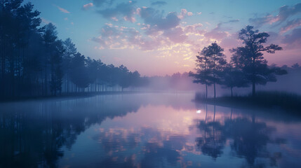 Tranquil Lakeside Dawn: A Serene Reflection of Nature's Morning Beauty