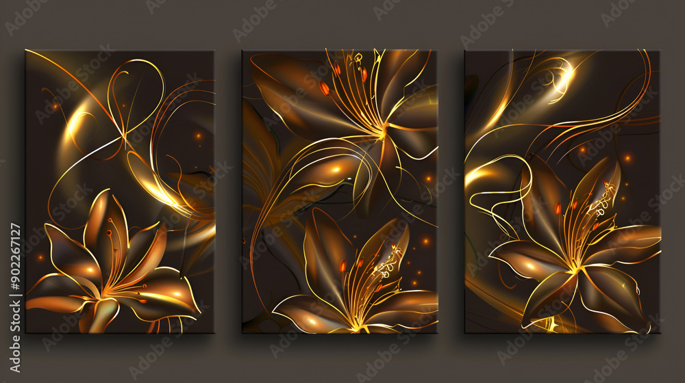 Canvas Prints a set of three abstract wall art panels with golden floral art on a dark background