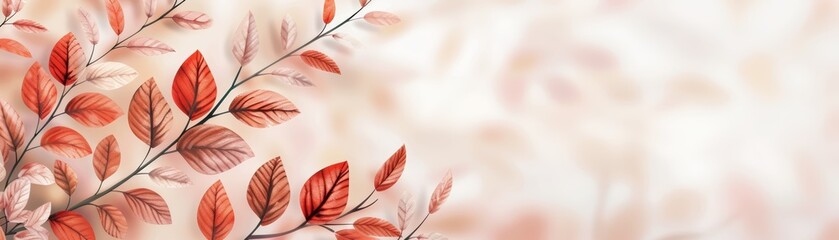 Fototapeta premium Elegant branch with red and pink leaves on a soft, blurred background, perfect for autumn and nature-themed designs.