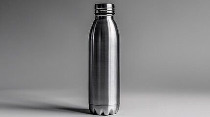 "A clean and simple image with a white background showcasing a stainless steel water bottle in the center