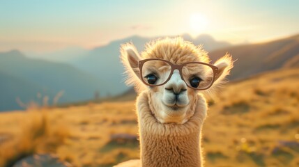 Obraz premium Funny Alpaca with Glasses in Sunset