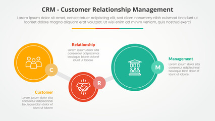 CRM customer relationship management infographic concept for slide presentation with big circle timeline up and down with 3 point list with flat style