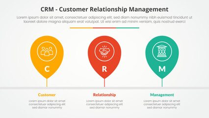 CRM customer relationship management infographic concept for slide presentation with pin tagging location timeline horizontal with 3 point list with flat style