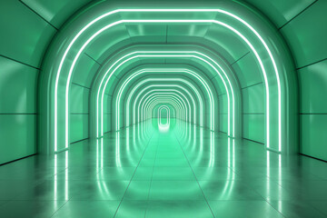 Obraz premium A futuristic green hallway with a glowing LED light, square LED light hallway corridor.