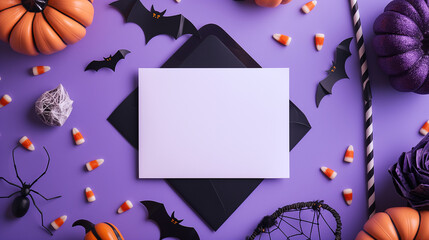 Top view photo of halloween decorations pumpkin baskets candy corn spiders web cat bats silhouettes straws black envelope and white card on isolated violet background with blank space 