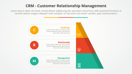 CRM customer relationship management infographic concept for slide presentation with half slice pyramid with circle point with 3 point list with flat style