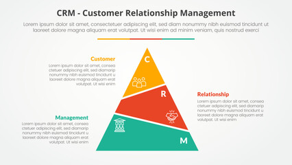 CRM customer relationship management infographic concept for slide presentation with slice pyramid unbalance with 3 point list with flat style