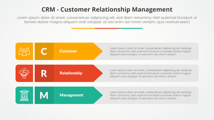 CRM customer relationship management infographic concept for slide presentation with rectangle arrow stack with 3 point list with flat style