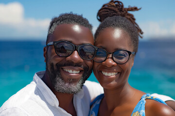 Obraz premium Happy African Black couples smiling and enjoy life together on vacation.