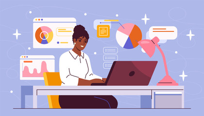 Obraz premium Businesswoman with laptop. Young girl sits at table near graphs and diagrams. Businessman or manager in office. Workflow of trader or investor. Flat vector illustration isolated on blue background