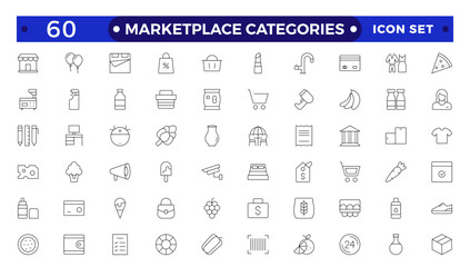 Marketplace Categories outline Icons set. Vector illustration in modern thin line style of e-commerce related icons: household goods, electronics and household appliances, clothing, and more.