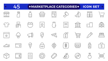 Marketplace Categories outline Icons set. Vector illustration in modern thin line style of e-commerce related icons: household goods, electronics and household appliances, clothing, and more.