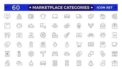Marketplace Categories outline Icons set. Vector illustration in modern thin line style of e-commerce related icons: household goods, electronics and household appliances, clothing, and more.