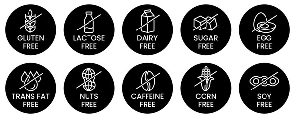 Set allergen free icons. Allergen free products. Products warning symbols. Lactose, gluten, sugar, corn, egg, trans fat, soy, nuts free, coffeine sign.