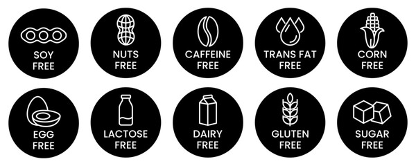 Set allergen free icons. Allergen free products. Products warning symbols. Lactose, gluten, sugar, corn, egg, trans fat, soy, nuts free, coffeine sign.