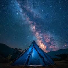 Camping. Blue tent glows under a night sky with milky way