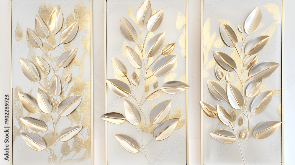 Canvas Prints set of three abstract botanical wall art panels with elegant leaves in gold and silver