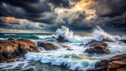 Majestic waves crash against the rocky shoreline of a frigid, gray ocean, set against a somber backdrop of dark, foreboding clouds, evoking a sense of serenity.