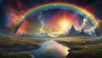 A vibrant digital illustration of Bifröst, the Norse rainbow bridge connecting Asgard and Midgard, with brilliant colors and celestial effects, with space for text.