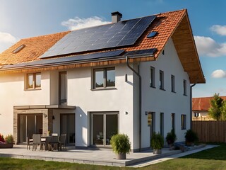Close-up of a new suburban house with a photovoltaic system on the roof. Simple and modern environmentally friendly house with solar panels on the gable roof, with sunlight during the day