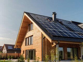 Close-up of a new suburban house with a photovoltaic system on the roof. Simple and modern environmentally friendly house with solar panels on the gable roof, with sunlight during the day
