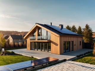 Close-up of a new suburban house with a photovoltaic system on the roof. Simple and modern environmentally friendly house with solar panels on the gable roof, with sunlight during the day