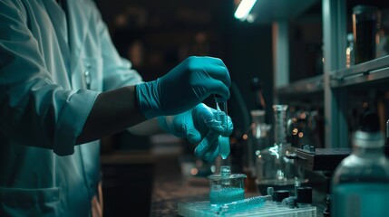 Close-up of professor's gloved hands during lab demo.