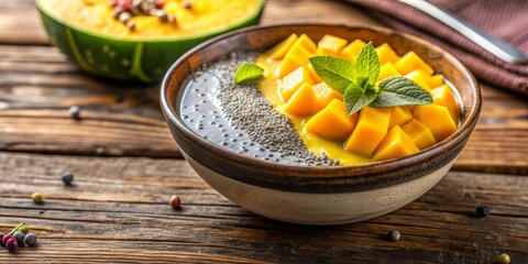 Freshly prepared post-workout snack featuring chia seeds mixed with vibrant mango puree in a modern bowl on a natural wood background, epitomizing healthy athletic recovery.