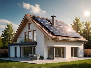 Close-up of a new suburban house with a photovoltaic system on the roof. Simple and modern environmentally friendly house with solar panels on the gable roof, with sunlight during the day