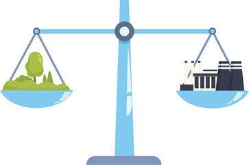 Illustration of a balance scale comparing nature and industrial pollution highlighting environmental issues