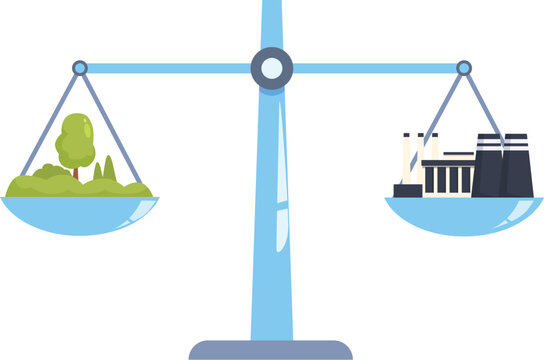 Illustration of a balance scale comparing nature and industrial pollution highlighting environmental issues