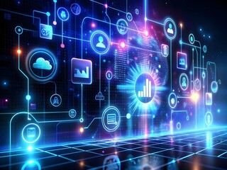 Fototapeta premium Holographic Interface Gradient Background with Neon Icons and Data Streams, social media icons, internet wifi networking