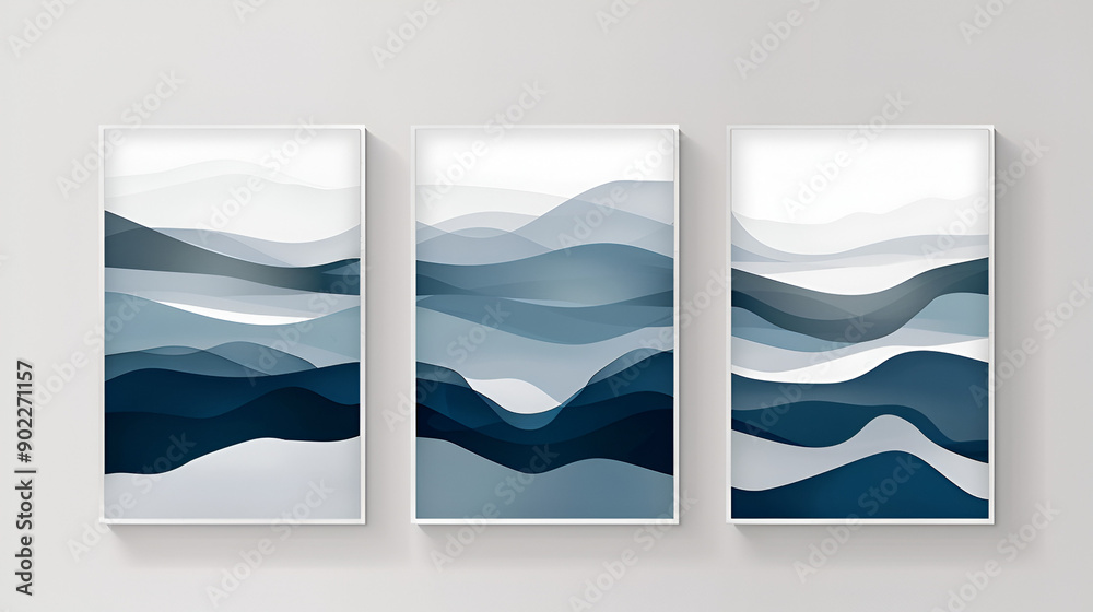 Wall mural set of three art posters featuring abstract blue and gray landscape designs