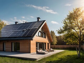Obraz premium Close-up of a new suburban house with a photovoltaic system on the roof. Simple and modern environmentally friendly house with solar panels on the gable roof, with sunlight during the day