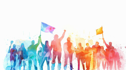 Illustration of a diverse group of protesters holding flags, depicted in vibrant watercolor, symbolizing unity and activism.