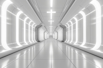 Obraz premium A futuristic white hallway with a glowing LED light, square LED light hallway corridor.