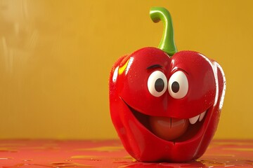 Smiling bell pepper cartoon character in 3D style, with a bright red color and a shiny surface,...