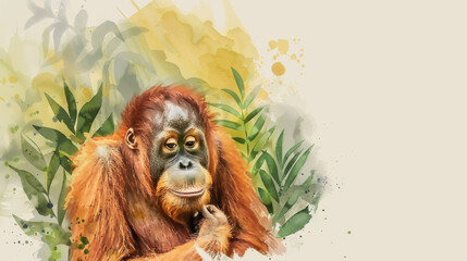 Colorful watercolor painting of an orangutan set against a lush jungle background, capturing the animal's thoughtful expression.