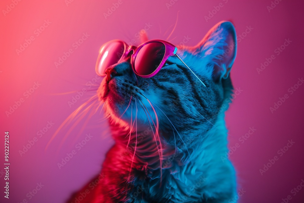 Wall mural cat in sunglasses, fashion portrait in pink and blue neon colors created with artificial intelligenc