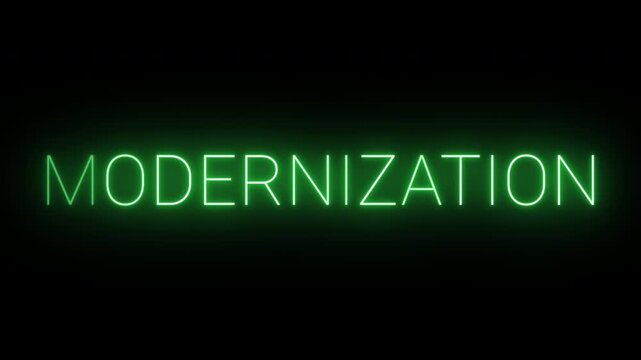 4K flickering neon green modernization sign on black background