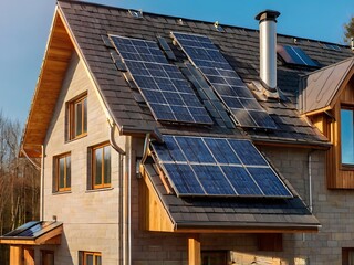 Fototapeta premium Close-up of a new suburban house with a photovoltaic system on the roof. Simple and modern environmentally friendly house with solar panels on the gable roof, with sunlight during the day