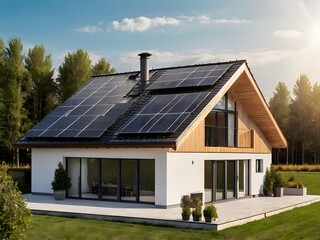 Obraz premium Close-up of a new suburban house with a photovoltaic system on the roof. Simple and modern environmentally friendly house with solar panels on the gable roof, with sunlight during the day