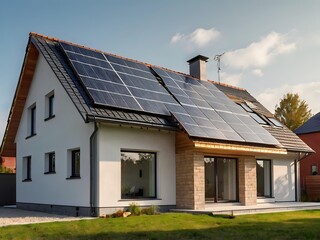 Close-up of a new suburban house with a photovoltaic system on the roof. Simple and modern environmentally friendly house with solar panels on the gable roof, with sunlight during the day