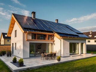 Close-up of a new suburban house with a photovoltaic system on the roof. Simple and modern environmentally friendly house with solar panels on the gable roof, with sunlight during the day